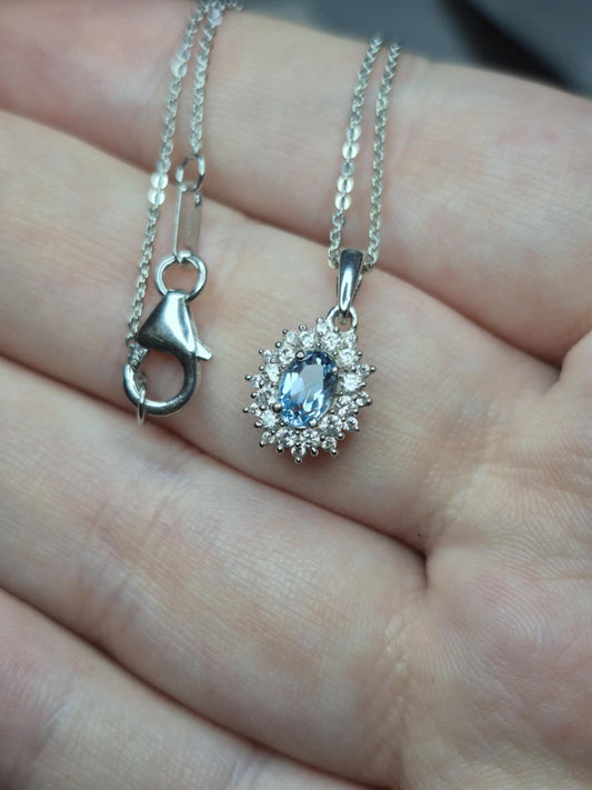 Santamaria Aquamarine & White Zircon Necklace in Rhodium Overlay 925 Sterling Silver
