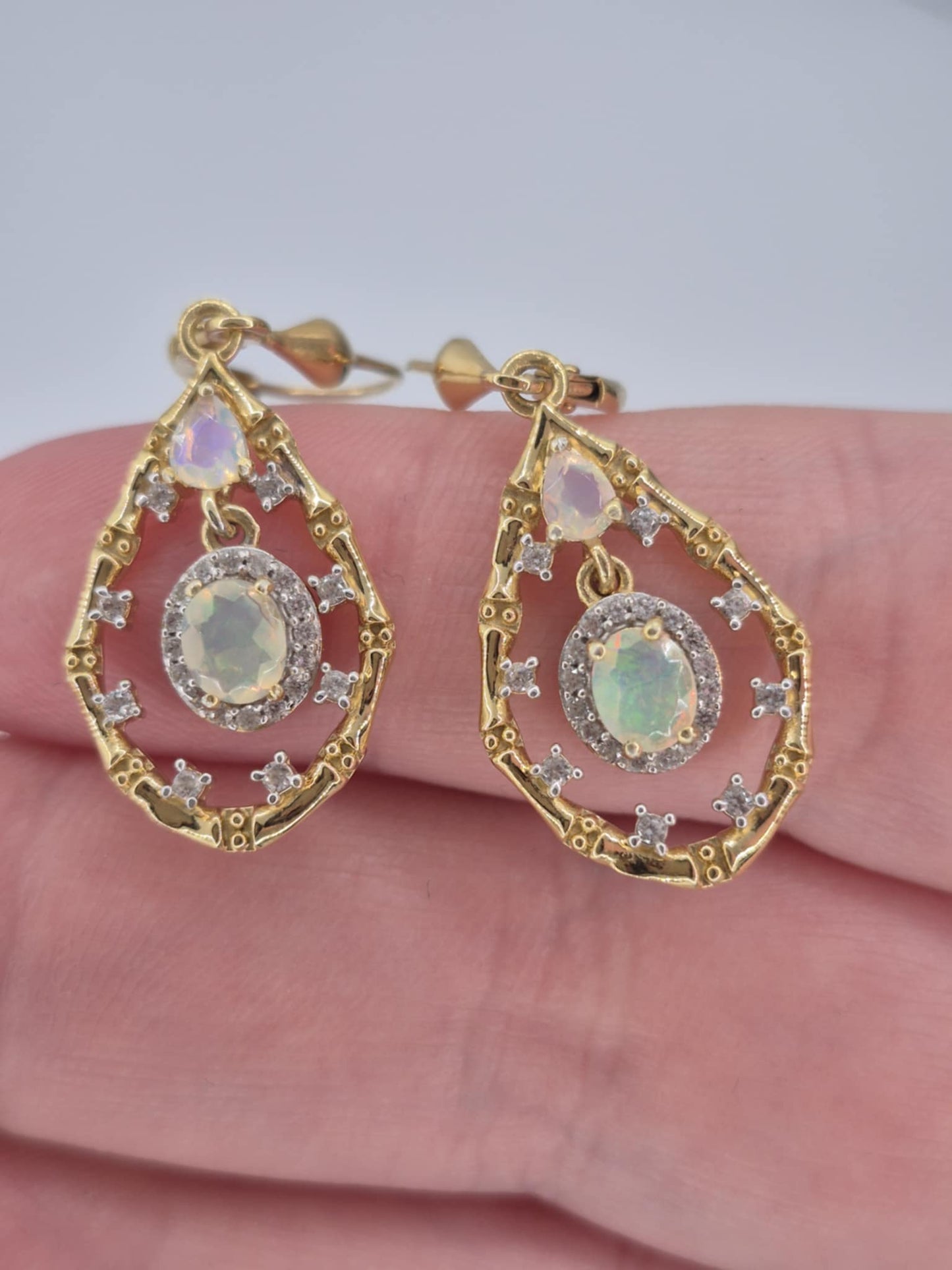 1.09ct Ethiopian Opal, White Zircon Dangle Earrings in 18K Gold Overlay 925 Sterling Silver