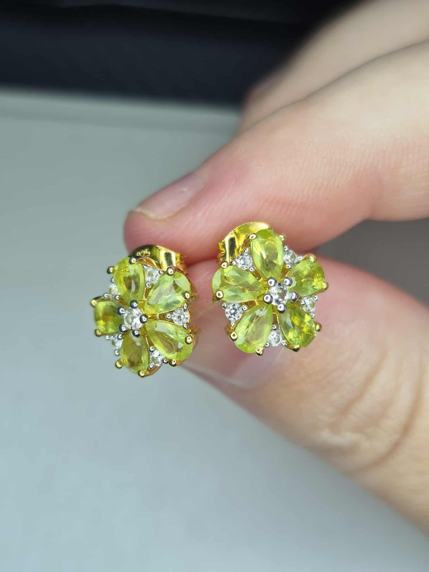 Natural Hebei Peridot & White Zircon Flower Stud Earrings in Gold Overlay 925 Sterling Silver