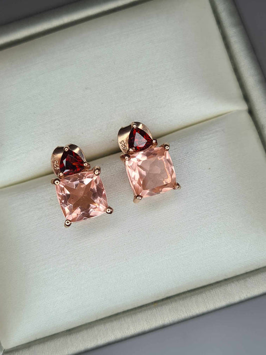 4.366 Ct. Morganite Colour Quartz & Red Garnet Stud Earrings Rose Gold 925 Sterling Silver