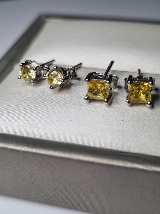 Set of 2 Simulated Yellow Sapphire Stud Earrings 925 sterling silver