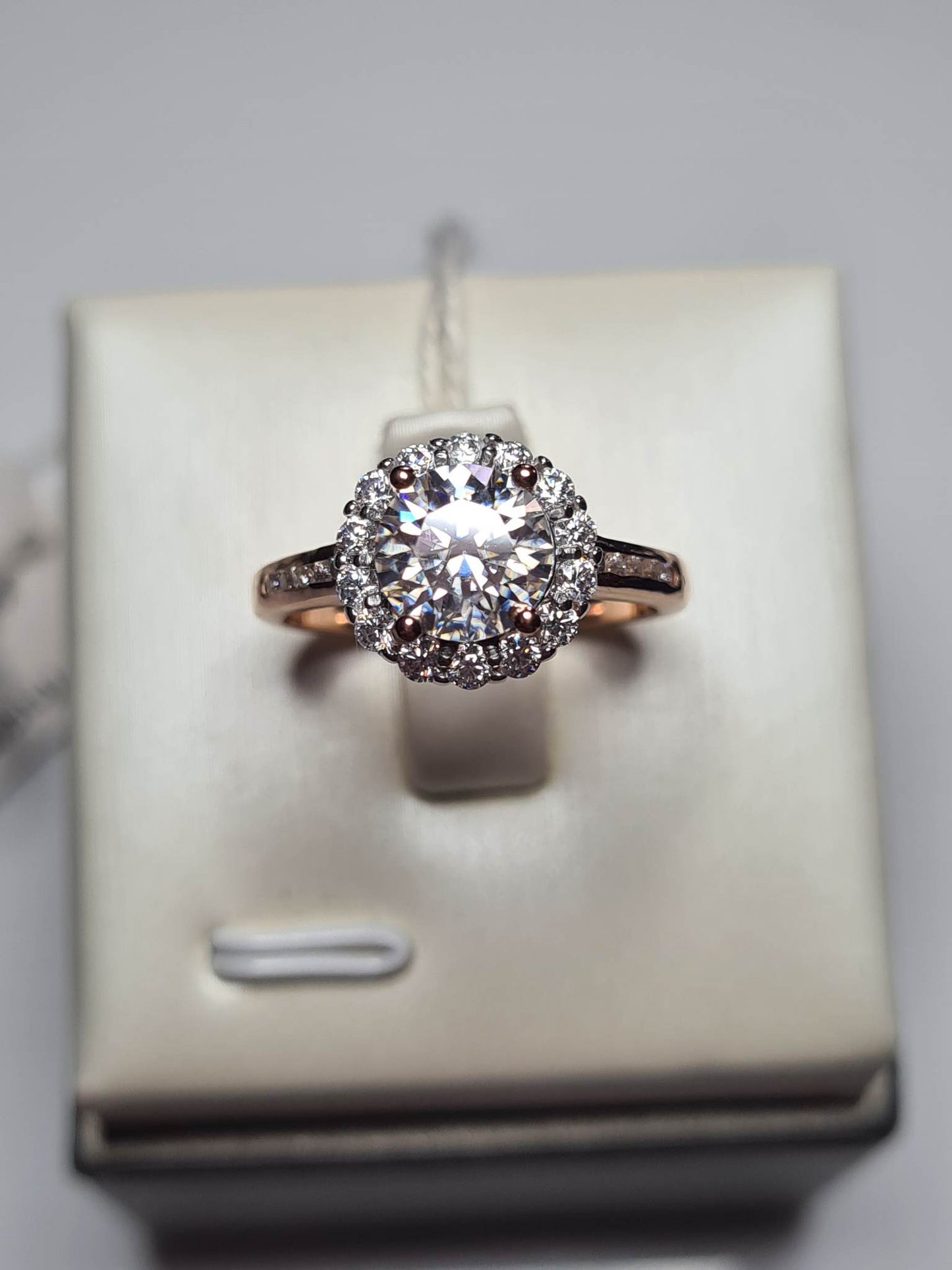 Moissanite Halo Ring 18k Rose Gold over 925 Sterling Silver SIZE L