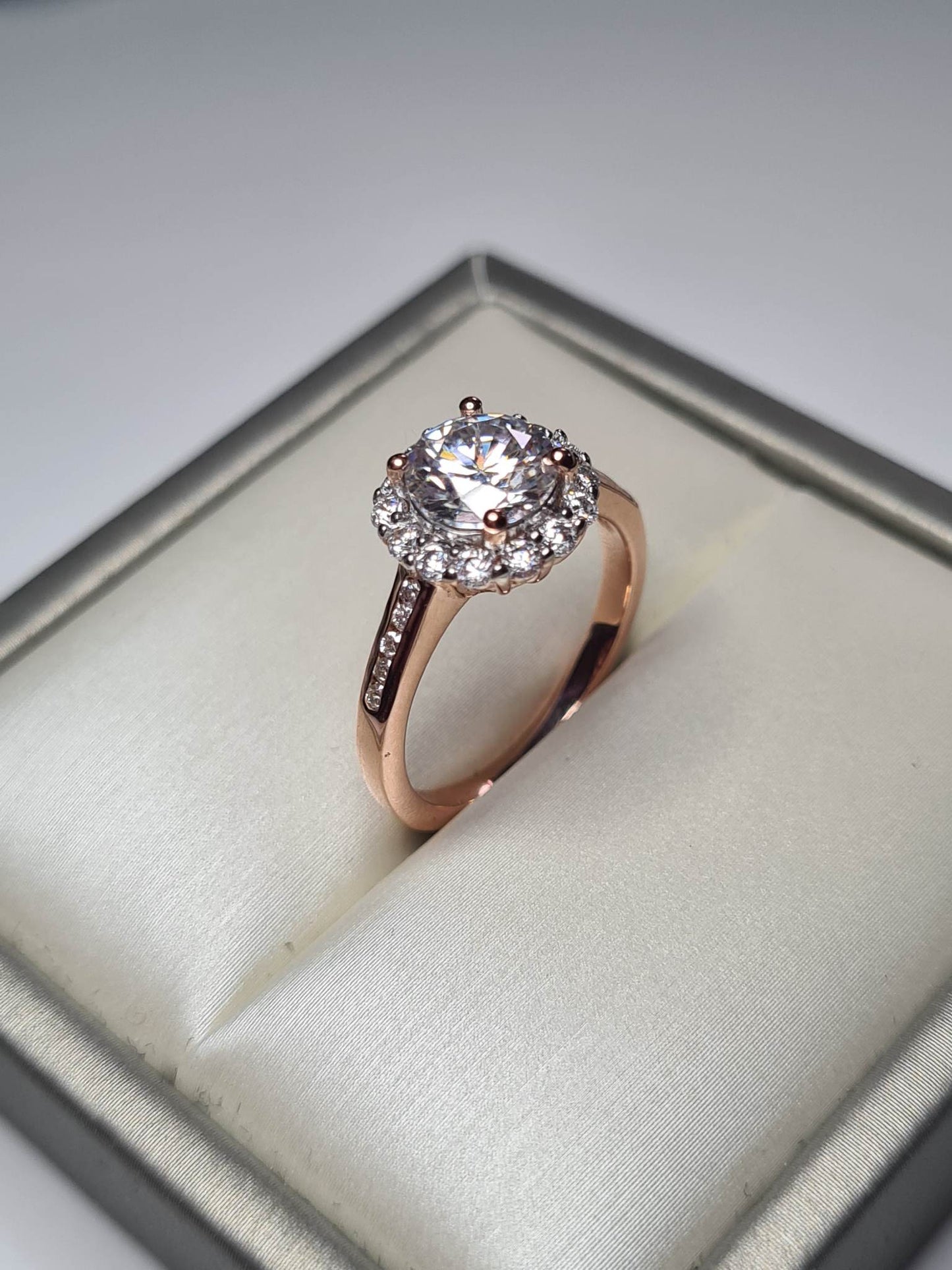 Moissanite Halo Ring 18k Rose Gold over 925 Sterling Silver SIZE L