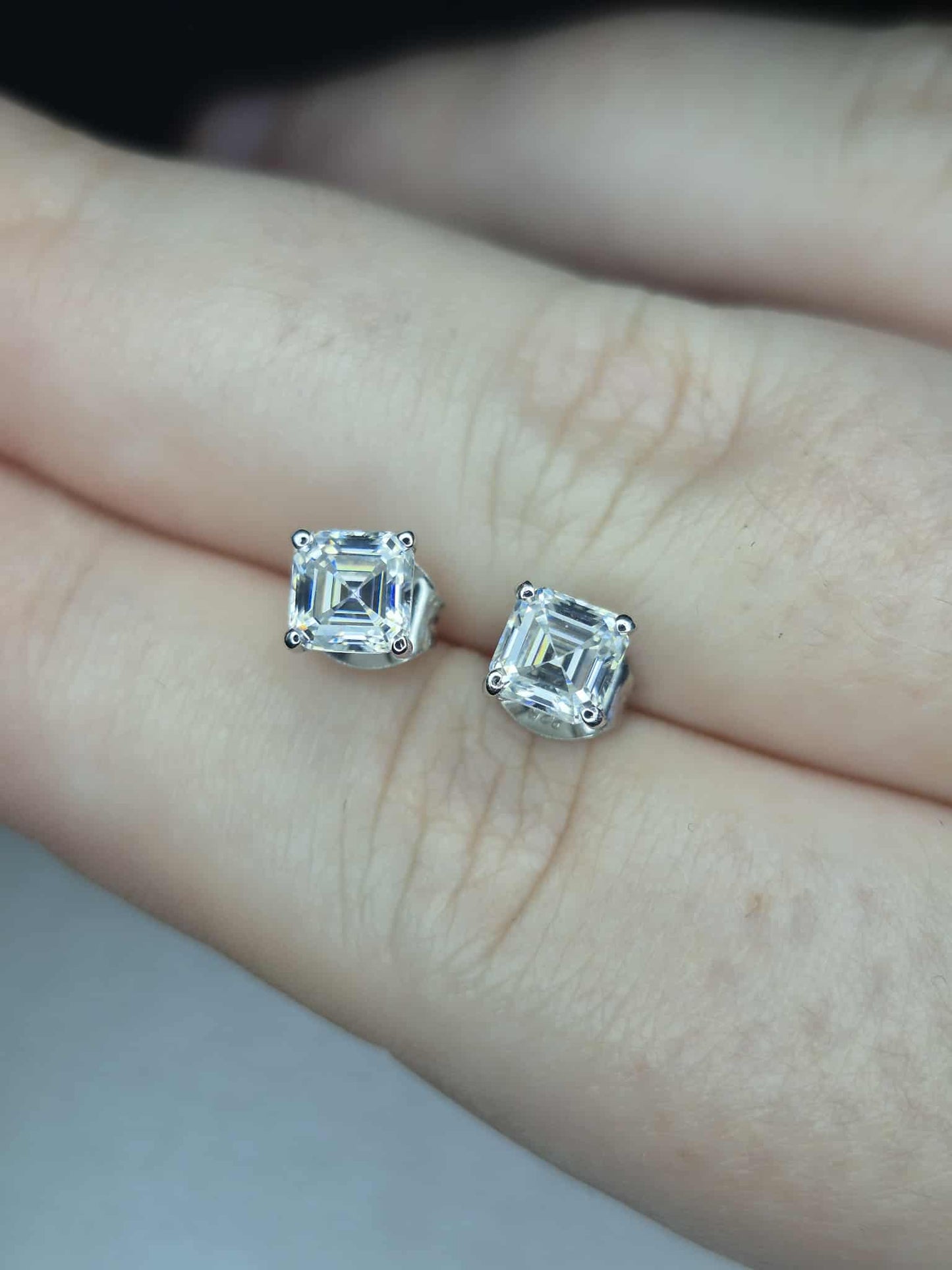 1.38ct Asscher Cut Moissanite Solitaire Stud Earrings in Rhodium Overlay 925 Sterling Silver