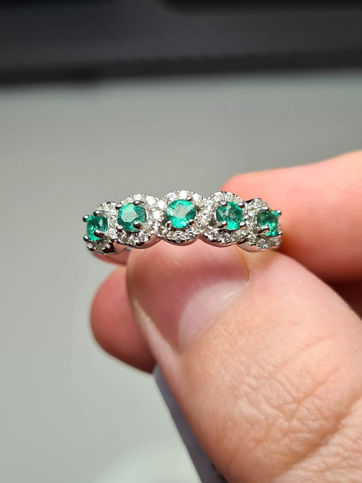 AAA Kagem Gemfields Emerald & Cambodian Zircon Ring in 925 Sterling Silver SIZE L