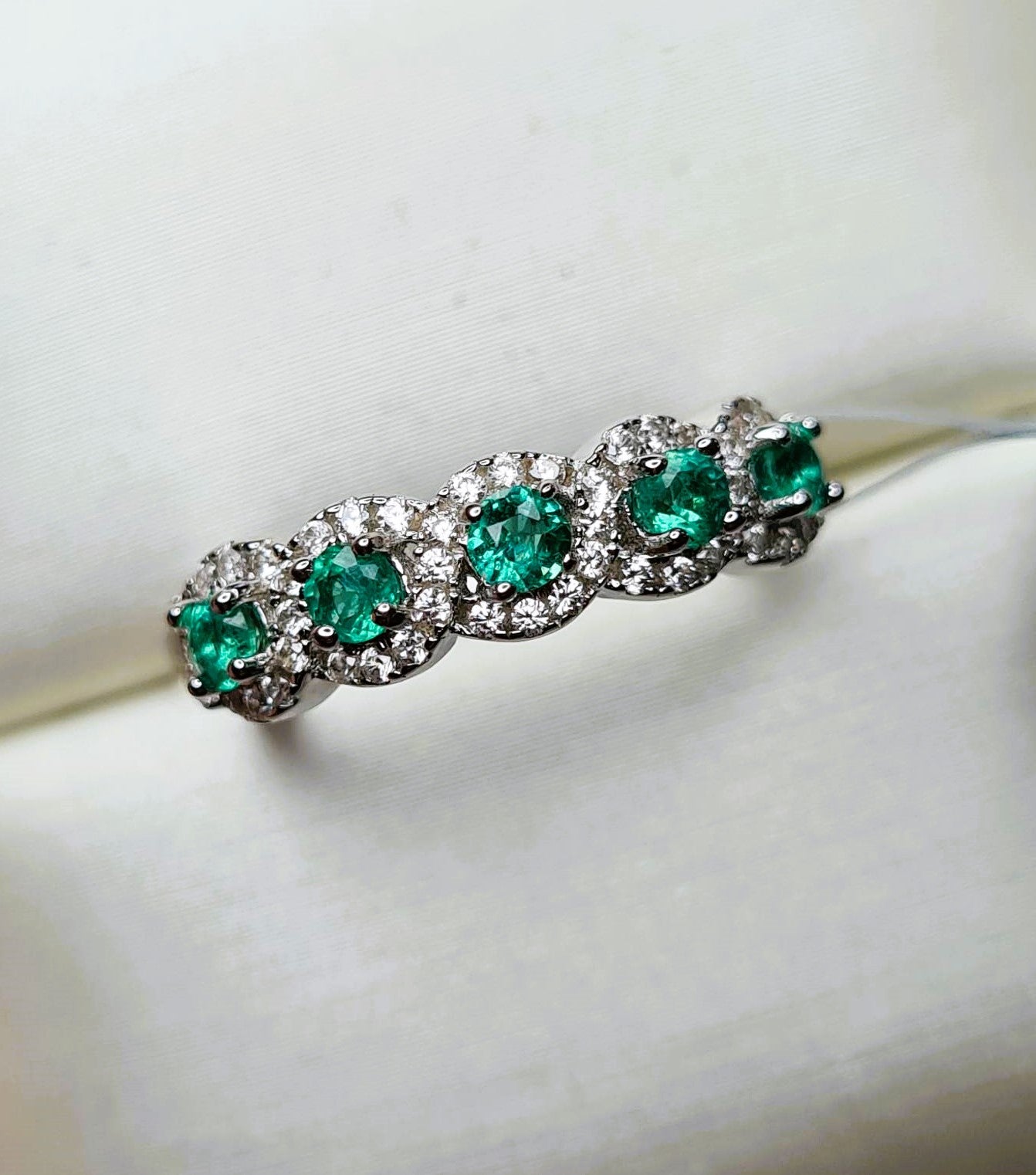 AAA Kagem Gemfields Emerald & Cambodian Zircon Ring in 925 Sterling Silver SIZE L