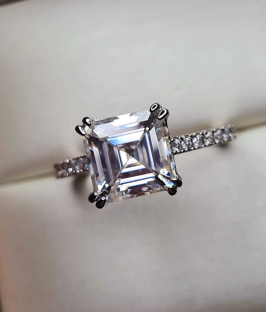 3.922ct Moissanite Asscher Cut Ring 925 Sterling Silver SIZE R