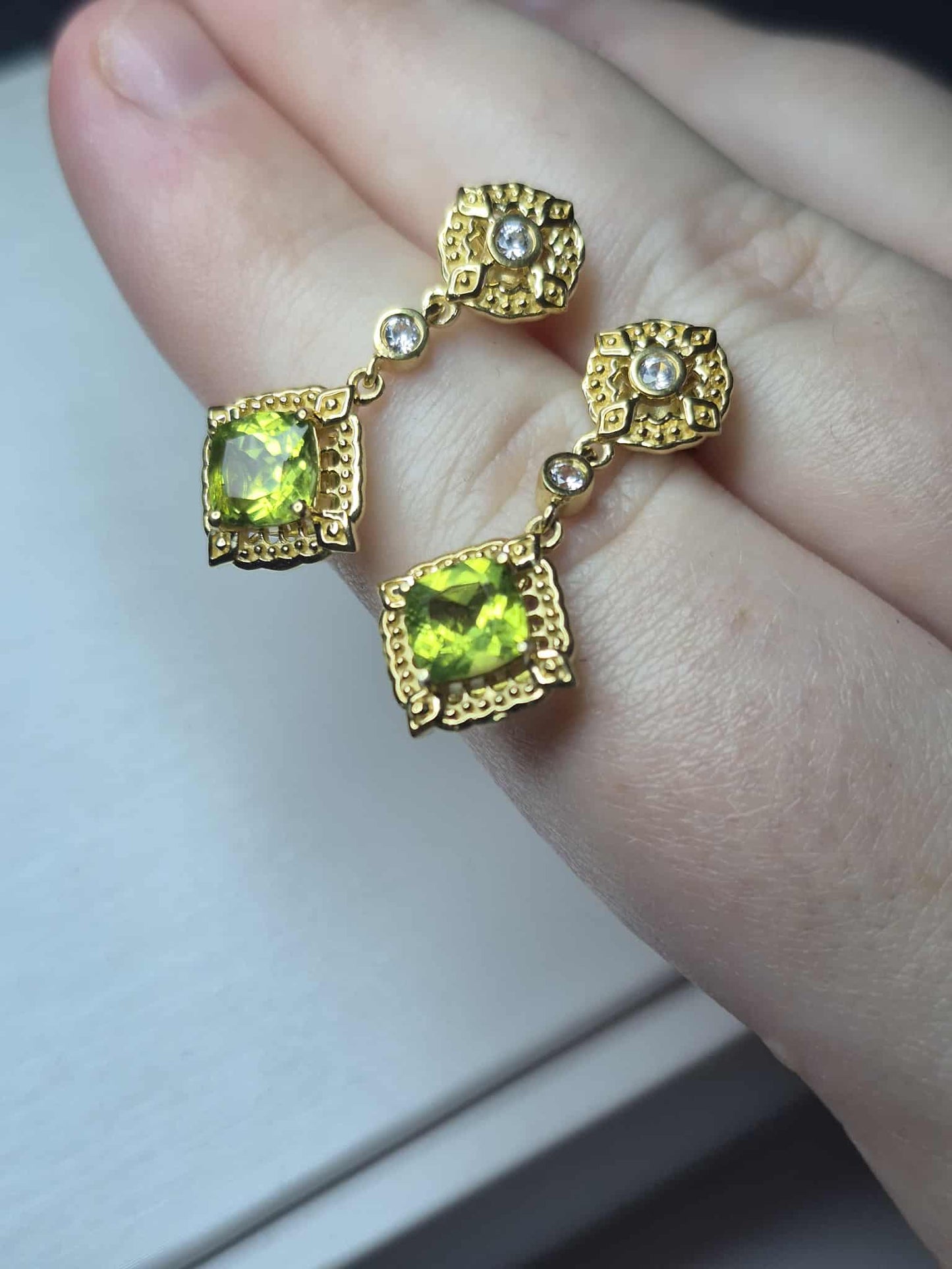 Natural Hebei Peridot, White Zircon Dangling Victorian Dangle Earrings 925 Sterling Silver