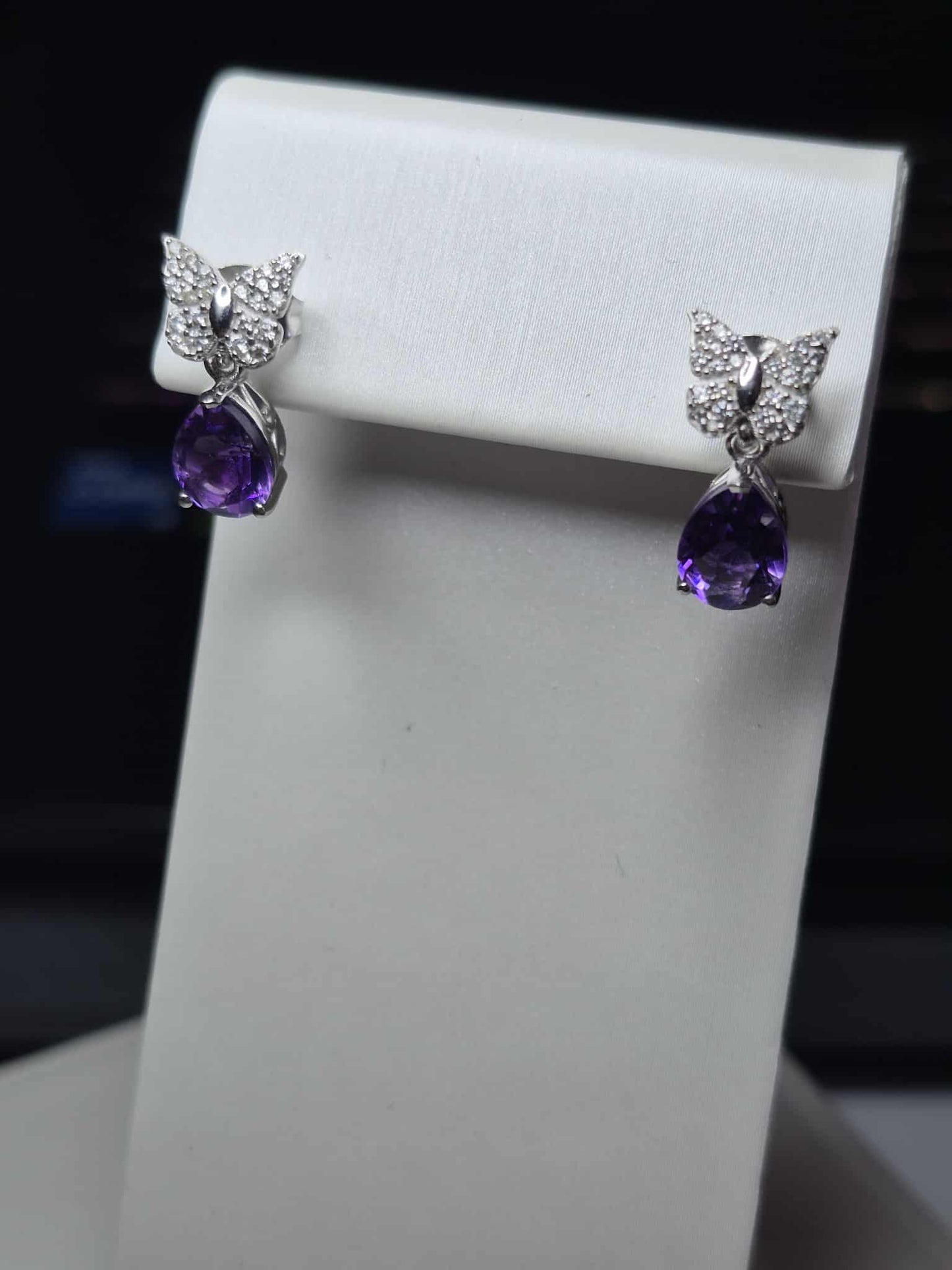 Natural Moroccan Amethyst White Zircon Butterfly Earrings 925 Sterling Silver