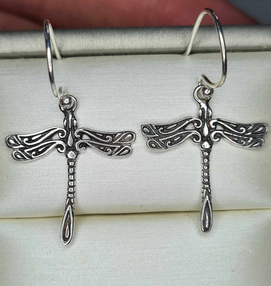 Balinese Tribal Dragonfly Hook Earrings 925 Sterling Silver