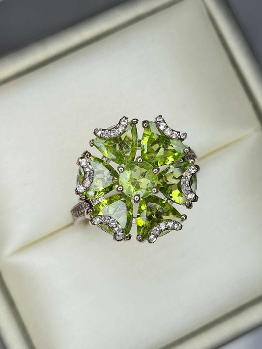 5.22ct Floral Natural Hebei Peridot & Cambodian Zircon Ring 925 Sterling Silver SIZE N