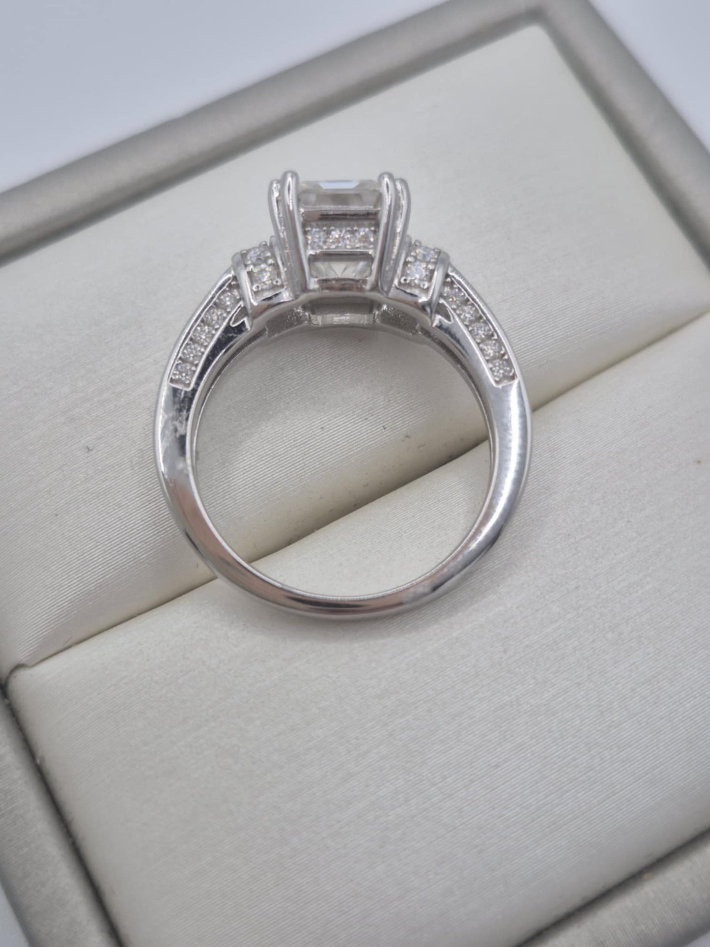 3.30 ct Moissanite Emerald Cut Pave Set Ring in Rhodium Overlay 925 Sterling Silver SIZE L