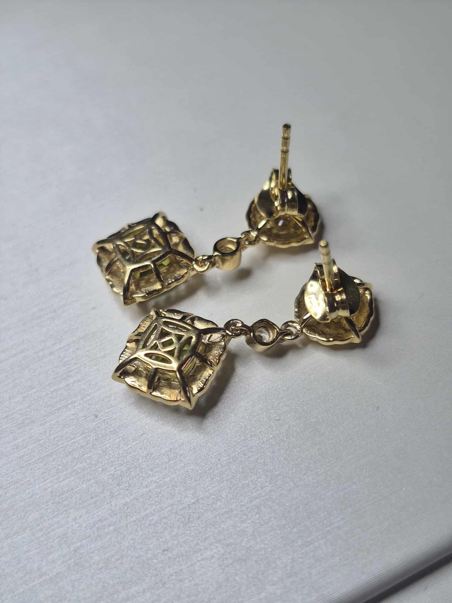 Natural Hebei Peridot, White Zircon Dangling Victorian Dangle Earrings 925 Sterling Silver