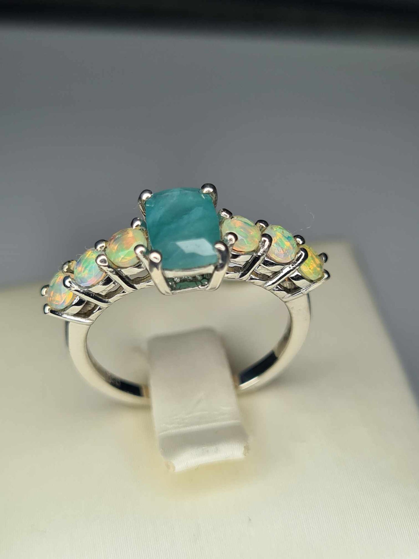 Grandidierite and Ethiopian Welo Opal 7 Stone Ring in Platinum Overlay Sterling Silver SIZES L,Q