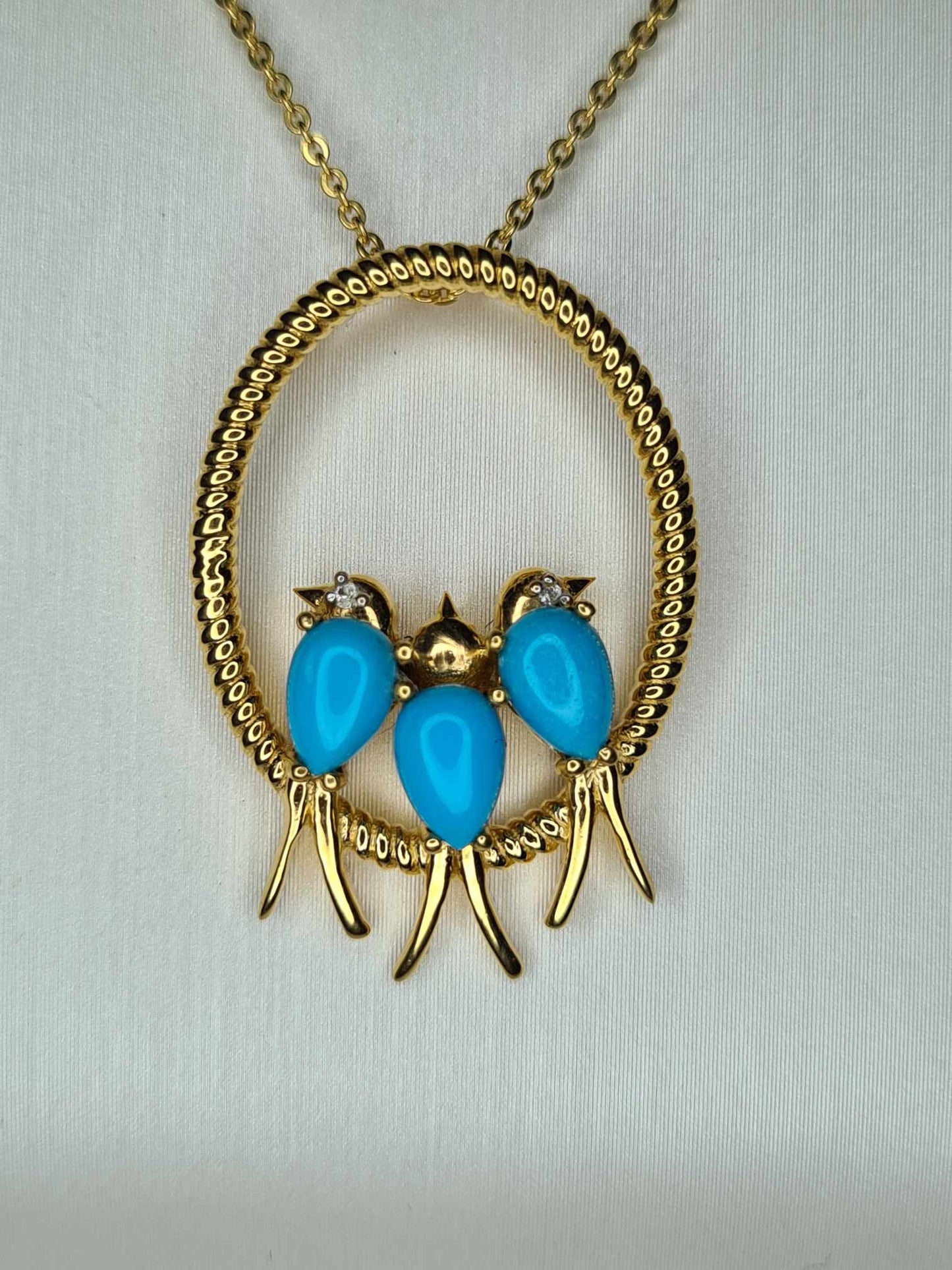 1.23 Ct Bird Arizona Sleeping Beauty Turquoise &amp; Zircon Necklace 18k gold overlay 925 sterling silver