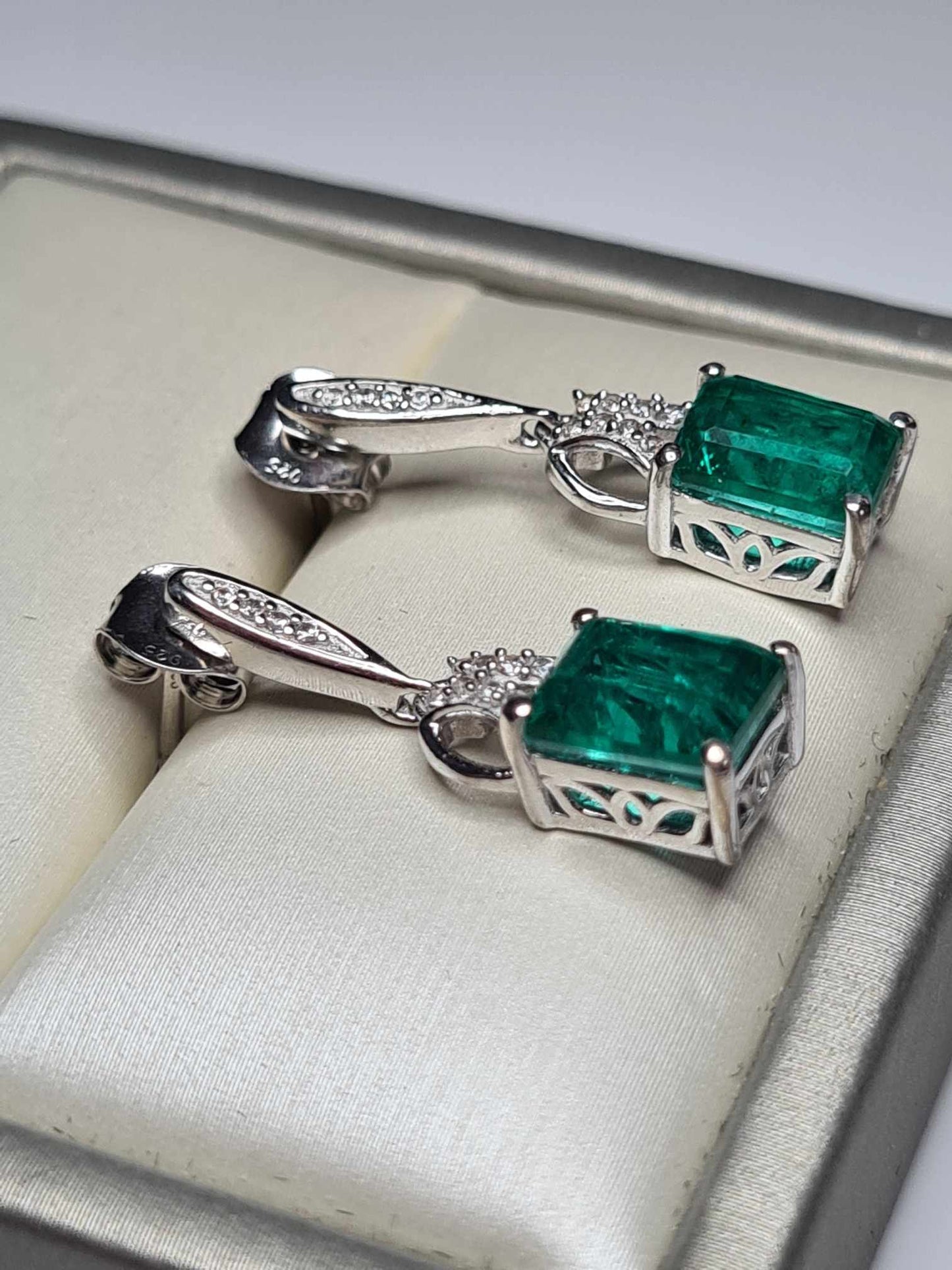 5ct Emeraldine Quartz & Zircon Dangle Earrings in Rhodium Overlay 925 Sterling Silver