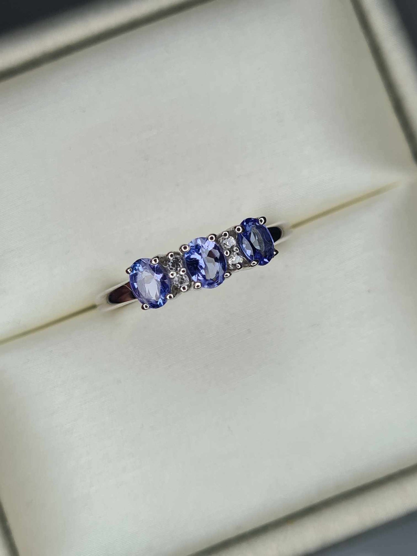 1.800ct Tanzanite Trilogy  ring with Natural White Zircon in Platinum Overlay 925 sterling Silver SIZE K