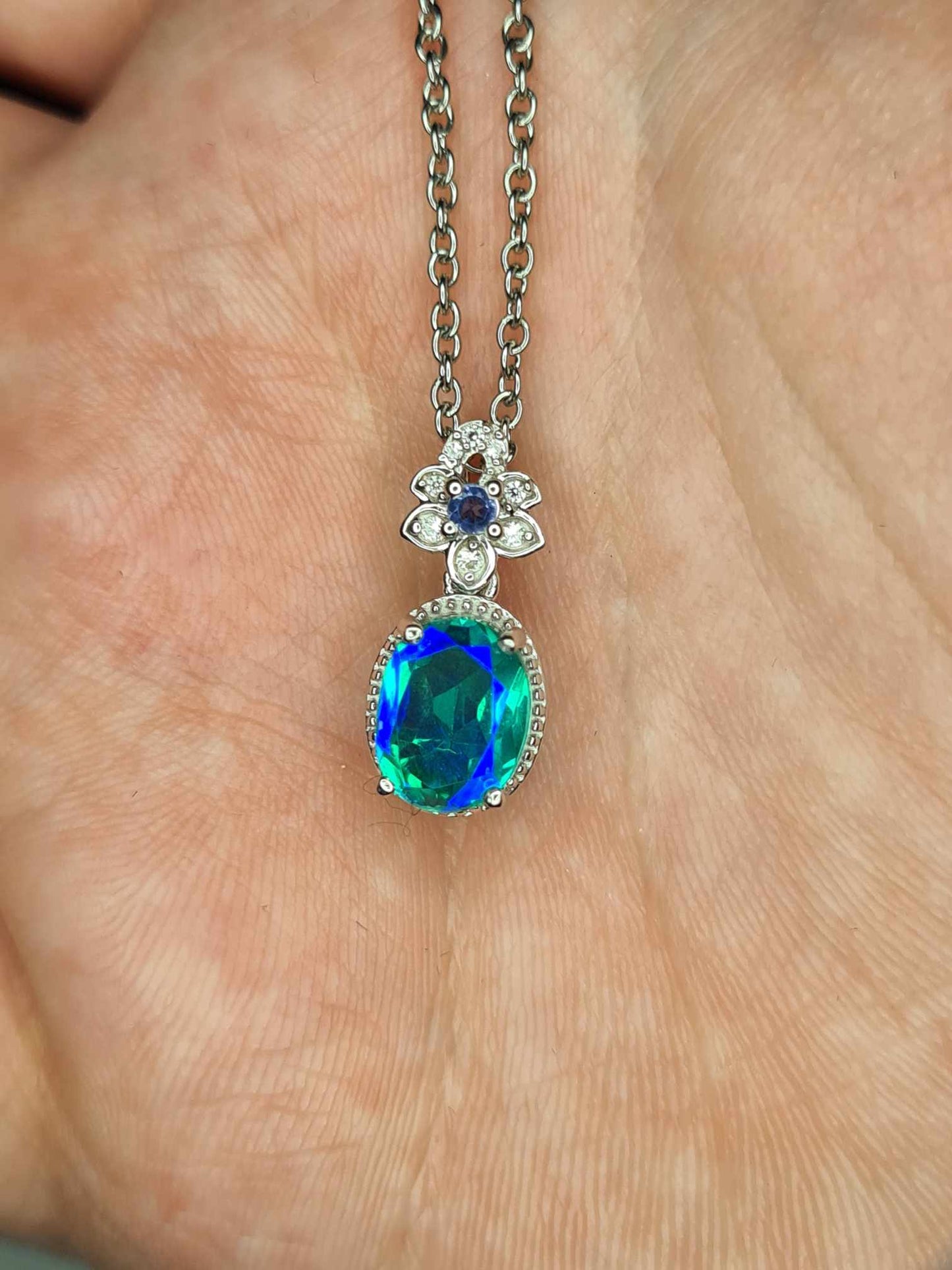 2.140ct Peacock Triplet Quartz, Iolite & Natural Zircon Pendant Platinum Overlay 925 Sterling Silver