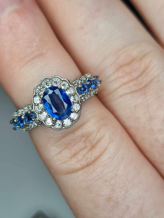 2.30ct Natural Kashmir Blue Kyanite and Natural Zircon Ring 925 Sterling Silver SIZE K