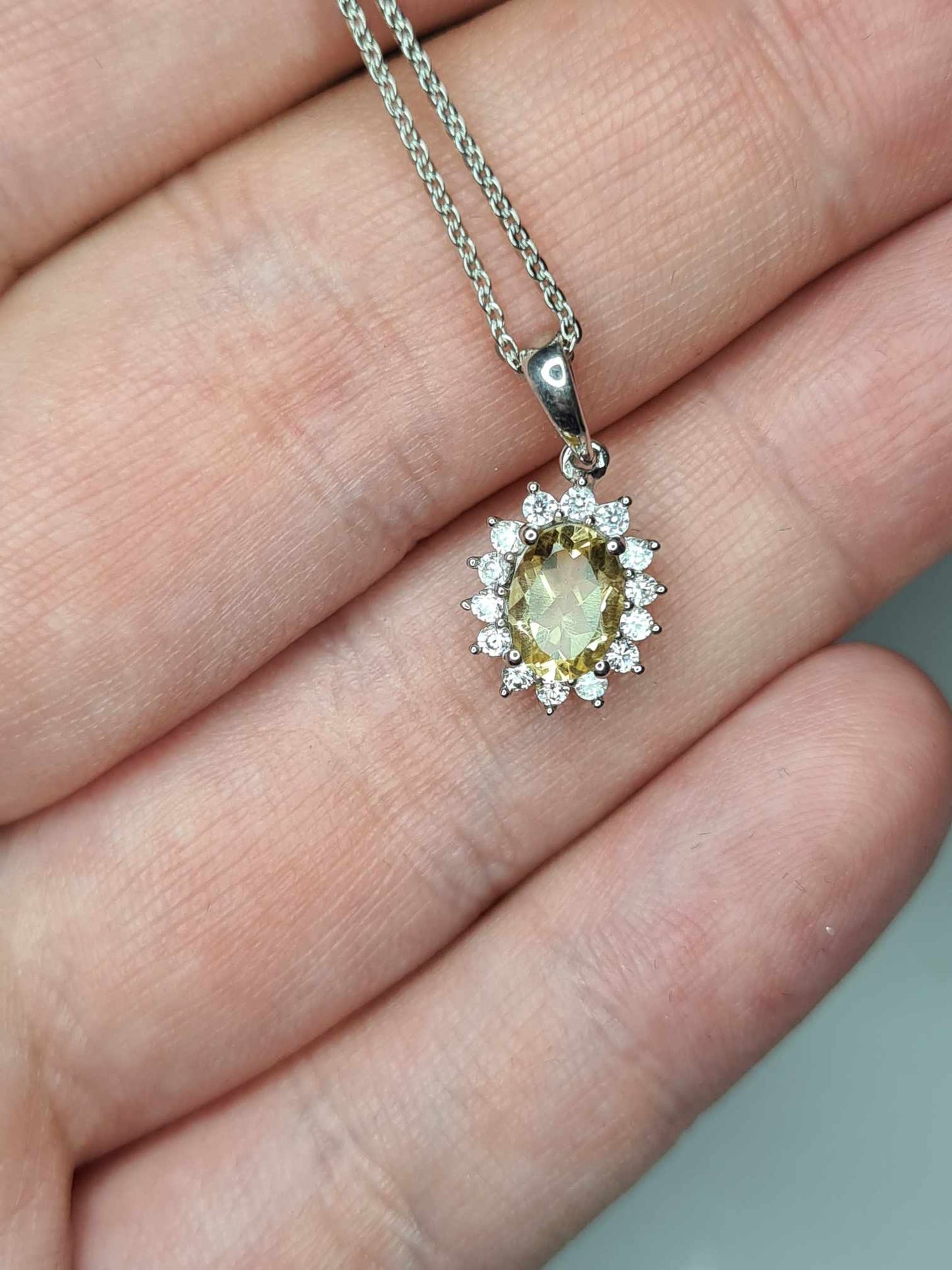 1ct Citrine and Natural Zircon Halo Necklace 925 Sterling Silver