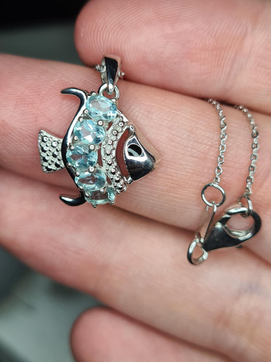 0.950ct. Lagoon Apatite Fish Necklace in Rhodium Overlay 925 Sterling Silver