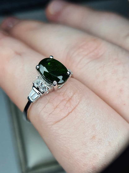 2.40ct Natural Russian Diopside and Natural Zircon Ring 925 Sterling Silver SIZE N