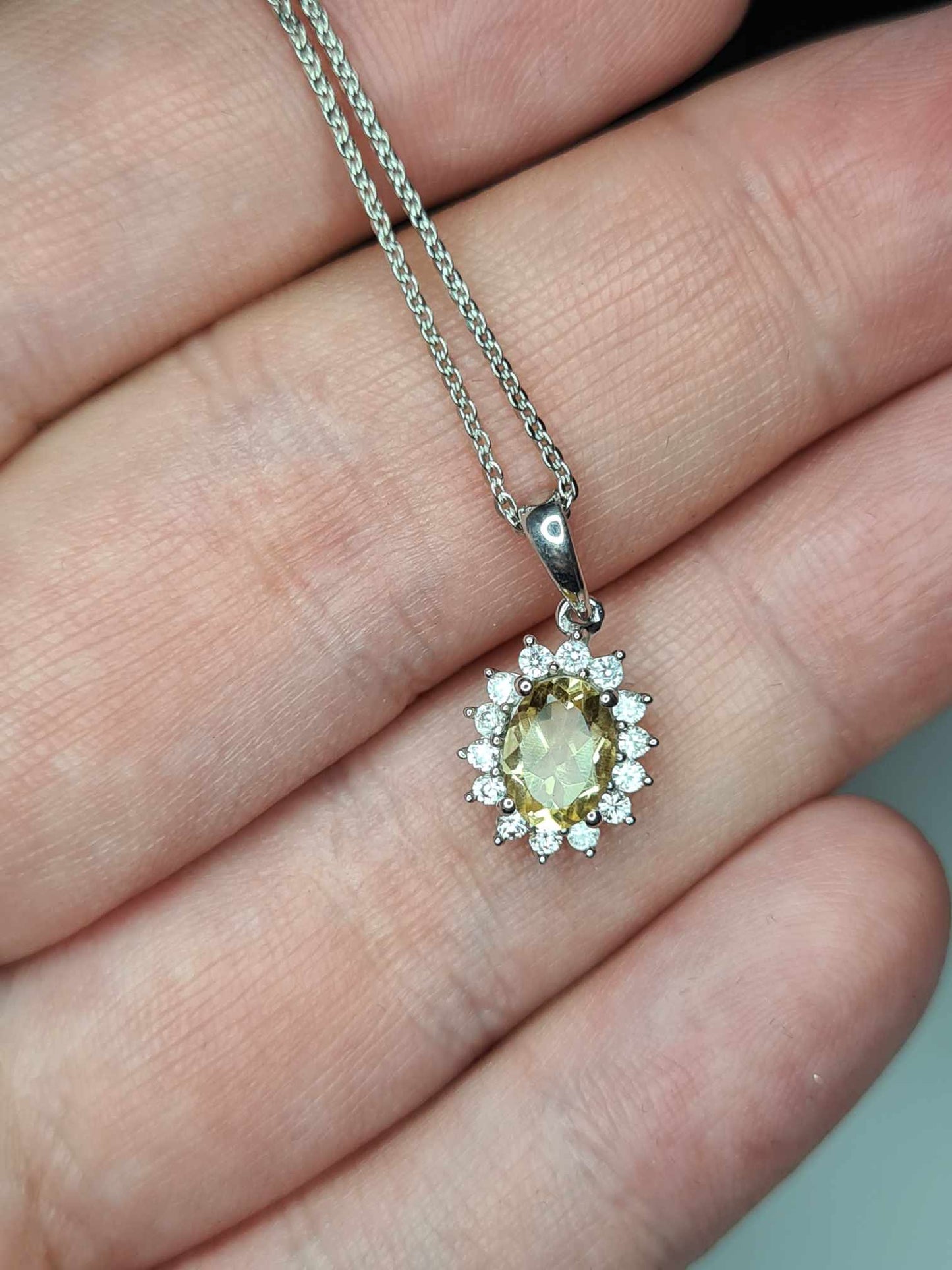 1ct Citrine and Natural Zircon Halo Necklace 925 Sterling Silver