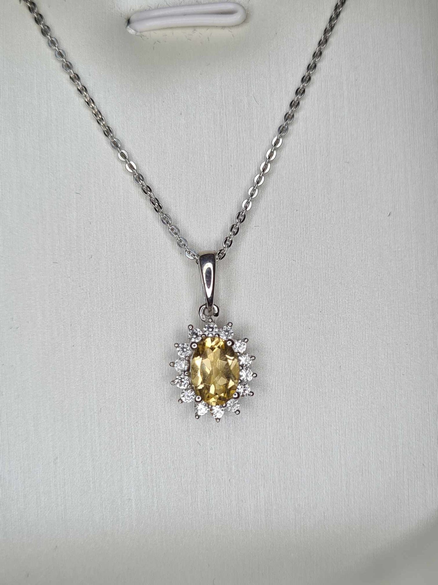 1ct Citrine and Natural Zircon Halo Necklace 925 Sterling Silver