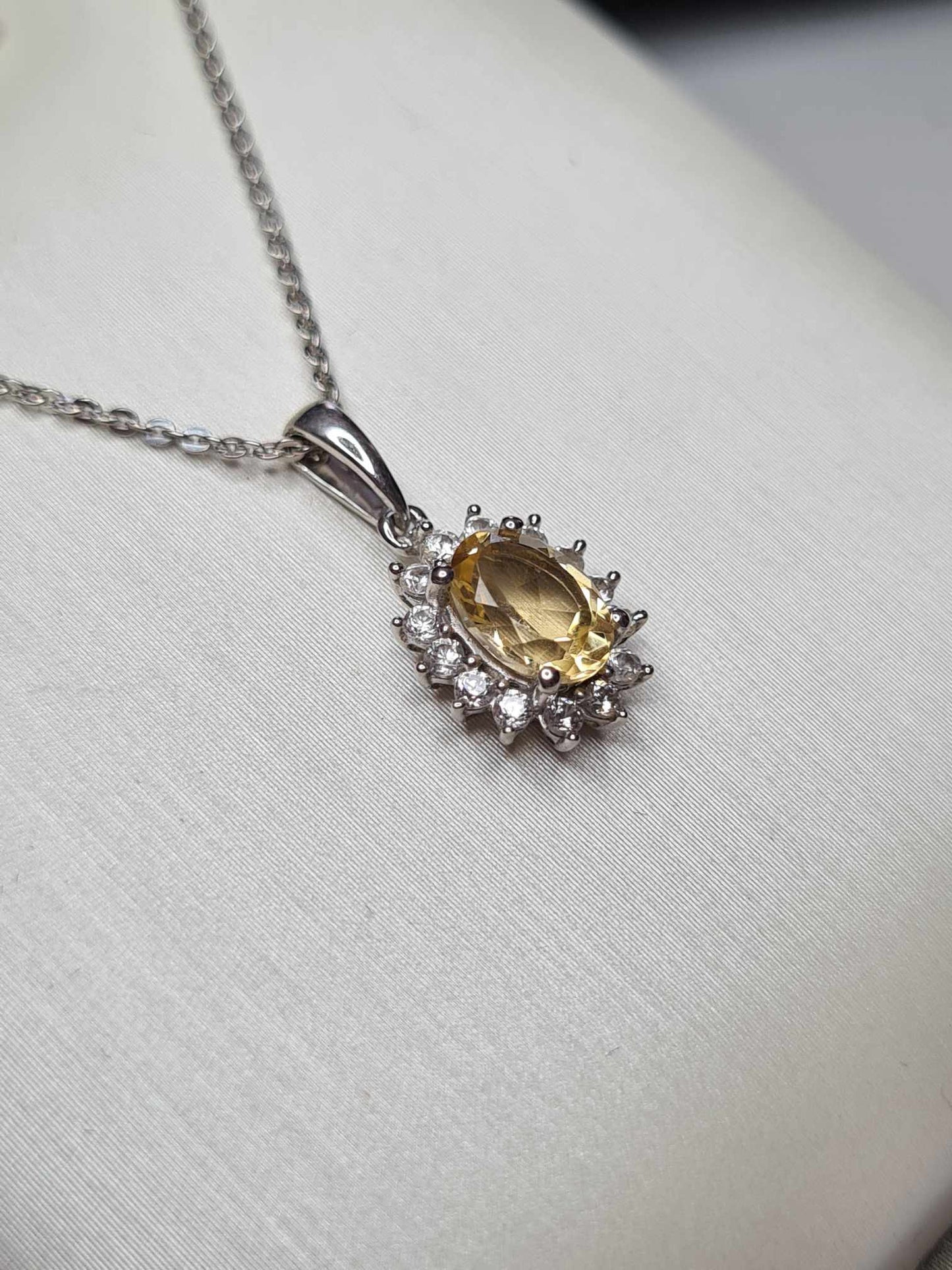 1ct Citrine and Natural Zircon Halo Necklace 925 Sterling Silver