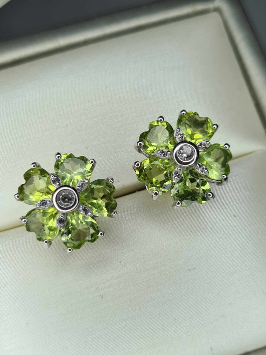 4.80ct Hebei Peridot and Natural Zircon Floral Stud Earrings 925 Sterling Silver
