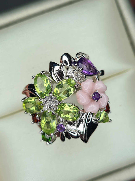 4.55ct Multi Gemstone Floral Bird Ring in Rhodium Overlay 925 Sterling Silver SIZE N