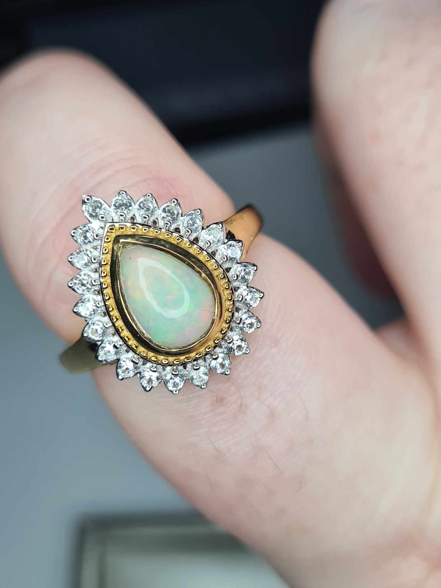 1.92ct Ethiopian Welo Opal and Natural Zircon Ring in 18K Yellow Gold Overlay 925 Sterling Silver SIZE P