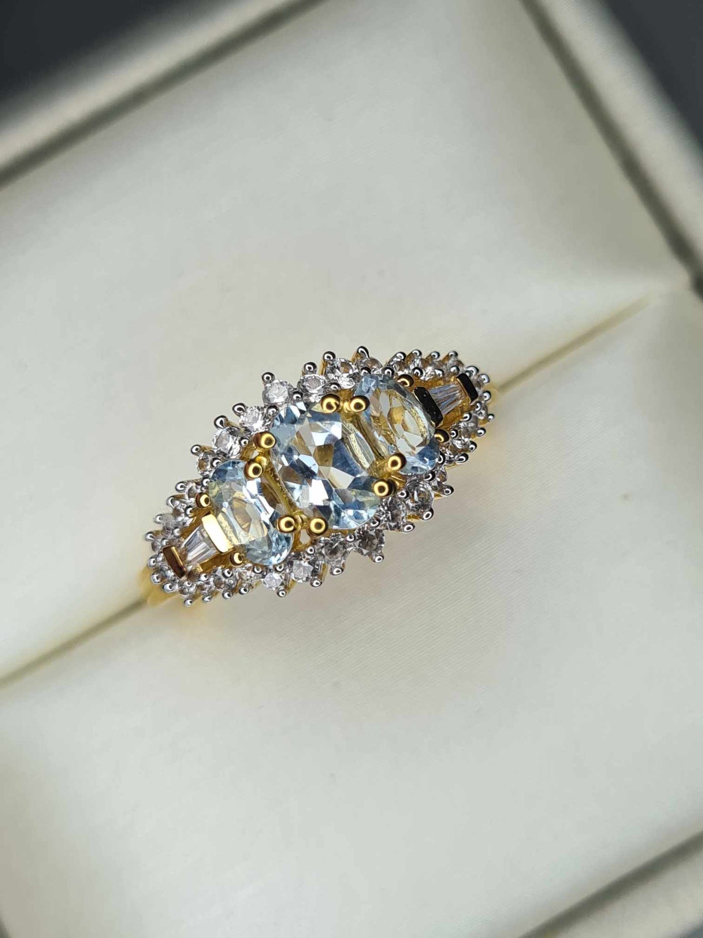 1.36 Ct Aquamarine & Natural Zircon Ring in 18K Gold Overlay 925 Sterling Silver SIZE L