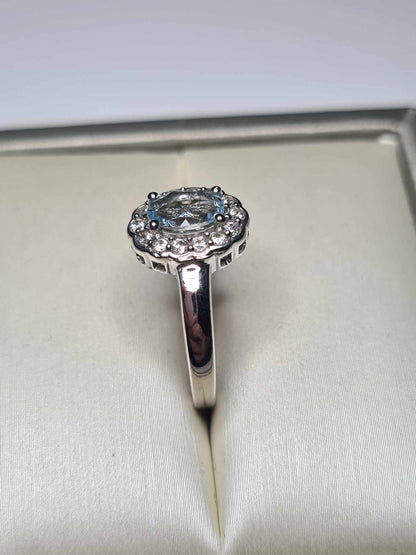 1.02ct Aquamarine and Cambodian Zircon Halo Ring in Platinum Overlay 925 Sterling Silver SIZE K