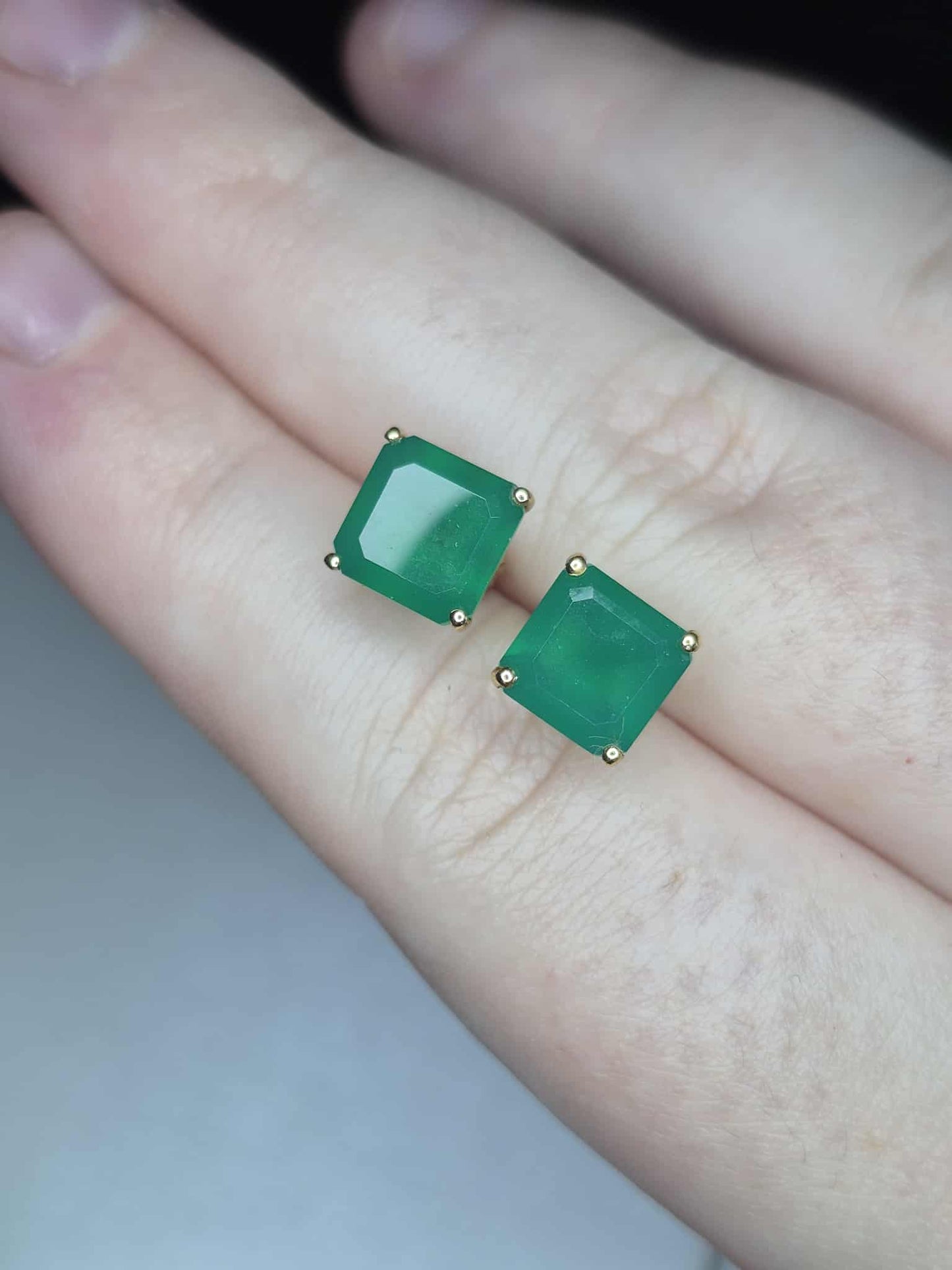 4.43ct Green Onyx Solitaire Stud Earrings in 14K Yellow Gold Overlay 925 Sterling Silver