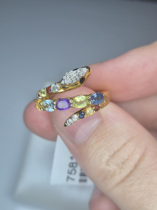 1.45 Multi Gemstone Snake Ring 18k Gold Overlay 925 Sterling Silver SIZE I