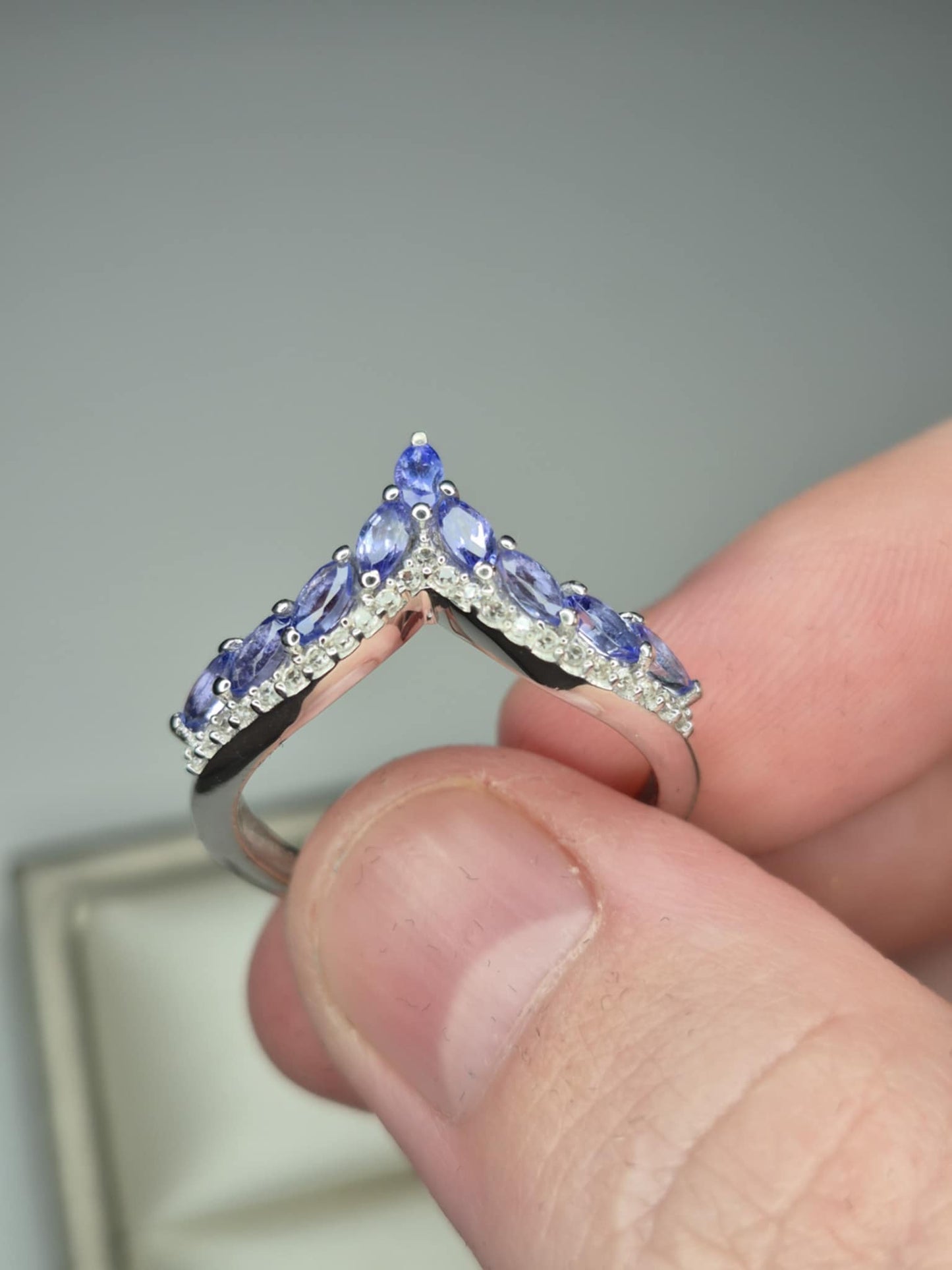 1.17ct Tanzanite and White Zircon Wishbone Ring in Rhodium Overlay 925 Sterling Silver SIZE P