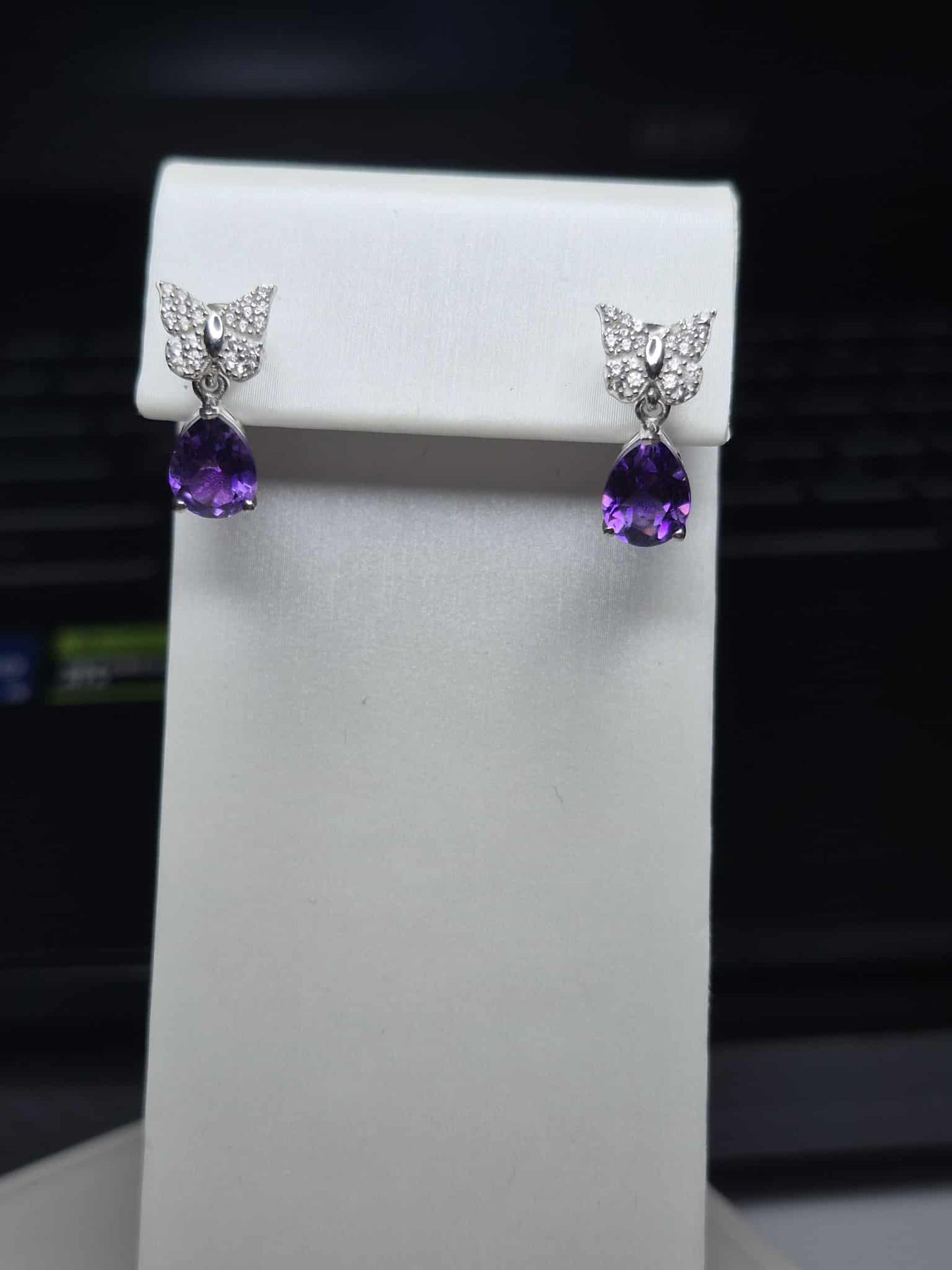 Natural Moroccan Amethyst White Zircon Butterfly Earrings 925 Sterling Silver
