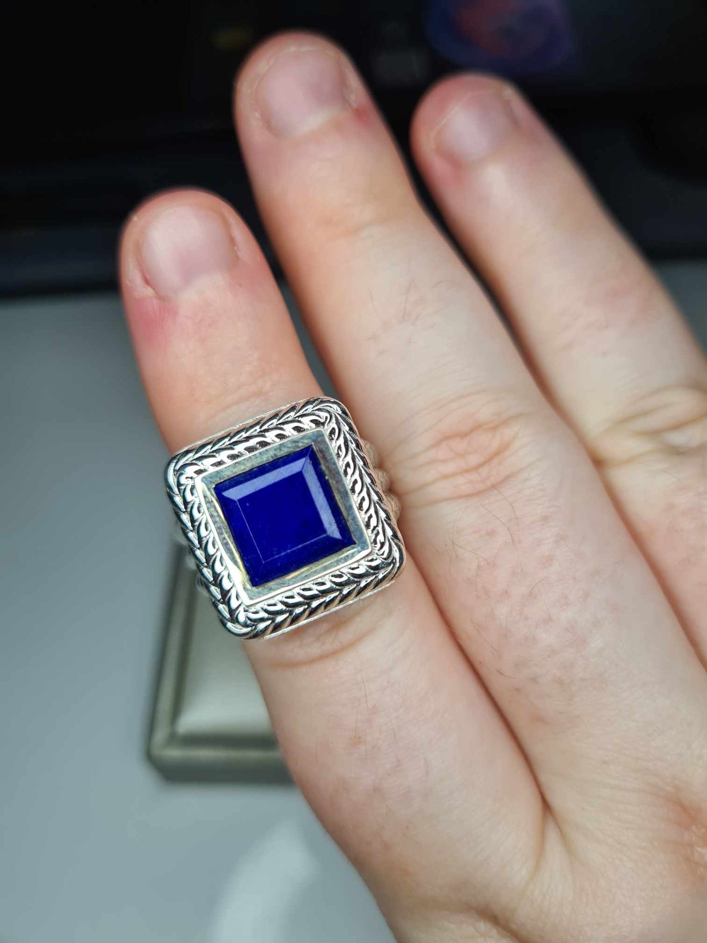 5.04ct Lapis Lazuli Solitaire Halo Ring in Platinum Overlay 925 Sterling Silver SIZE N