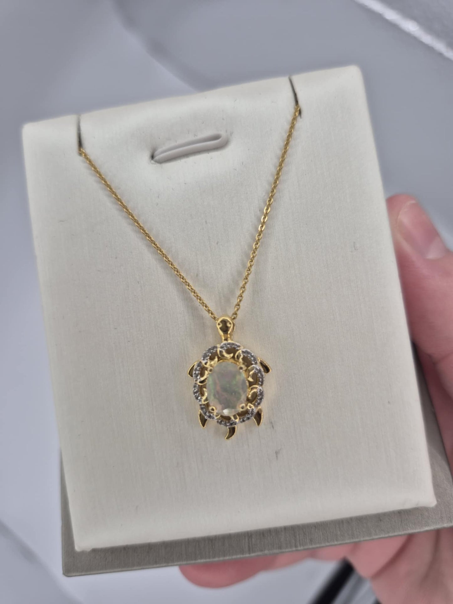 1.38ct Ethiopian Opal, White Zircon Turtle Necklace 18K Gold Overlay 925 Sterling Silver