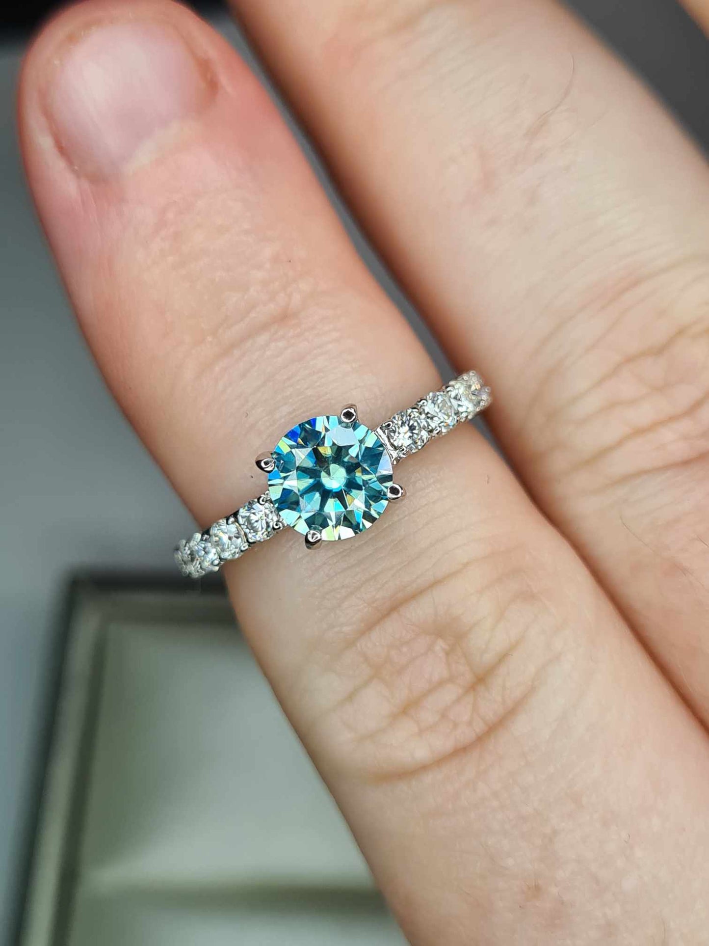 1.41ct light Blue Moissanite Engagement Ring in Rhodium Overlay 925 Sterling Silver SIZE K