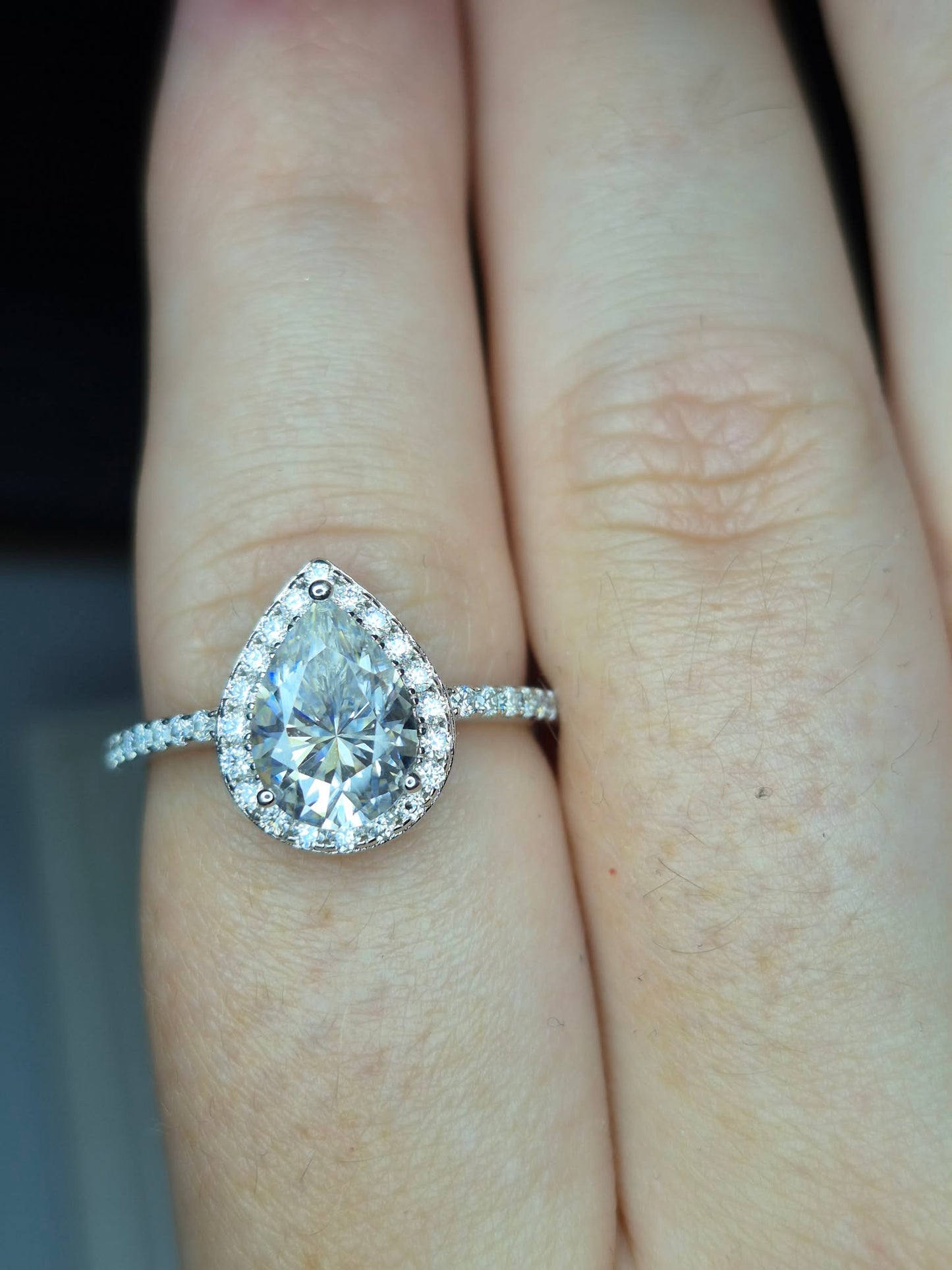 D-VVS1 Moissanite Pear Halo Ring in Rhodium Overlay Sterling Silver SIZE Q