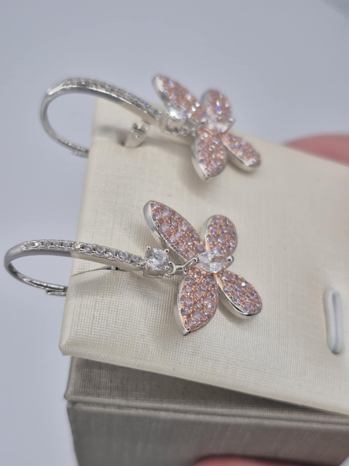 Pink & White Cubic Zirconia Butterfly Earrings in Rhodium Overlay 925 Sterling Silver