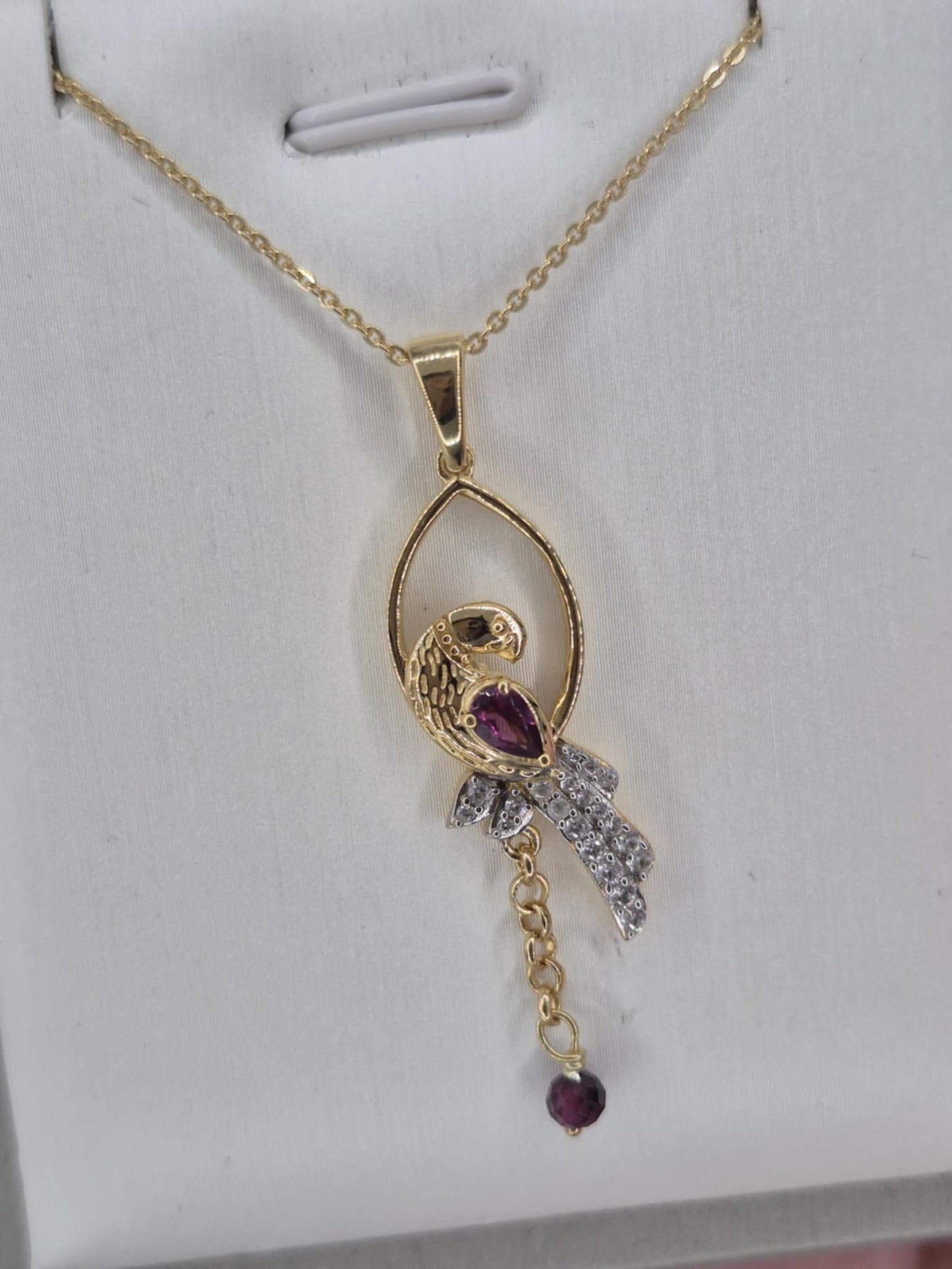 0.910ct. Rhodolite Garnet, White Zircon, Blue Sapphire Bird Necklace in 18K Gold Overlay 925 Sterling Silver