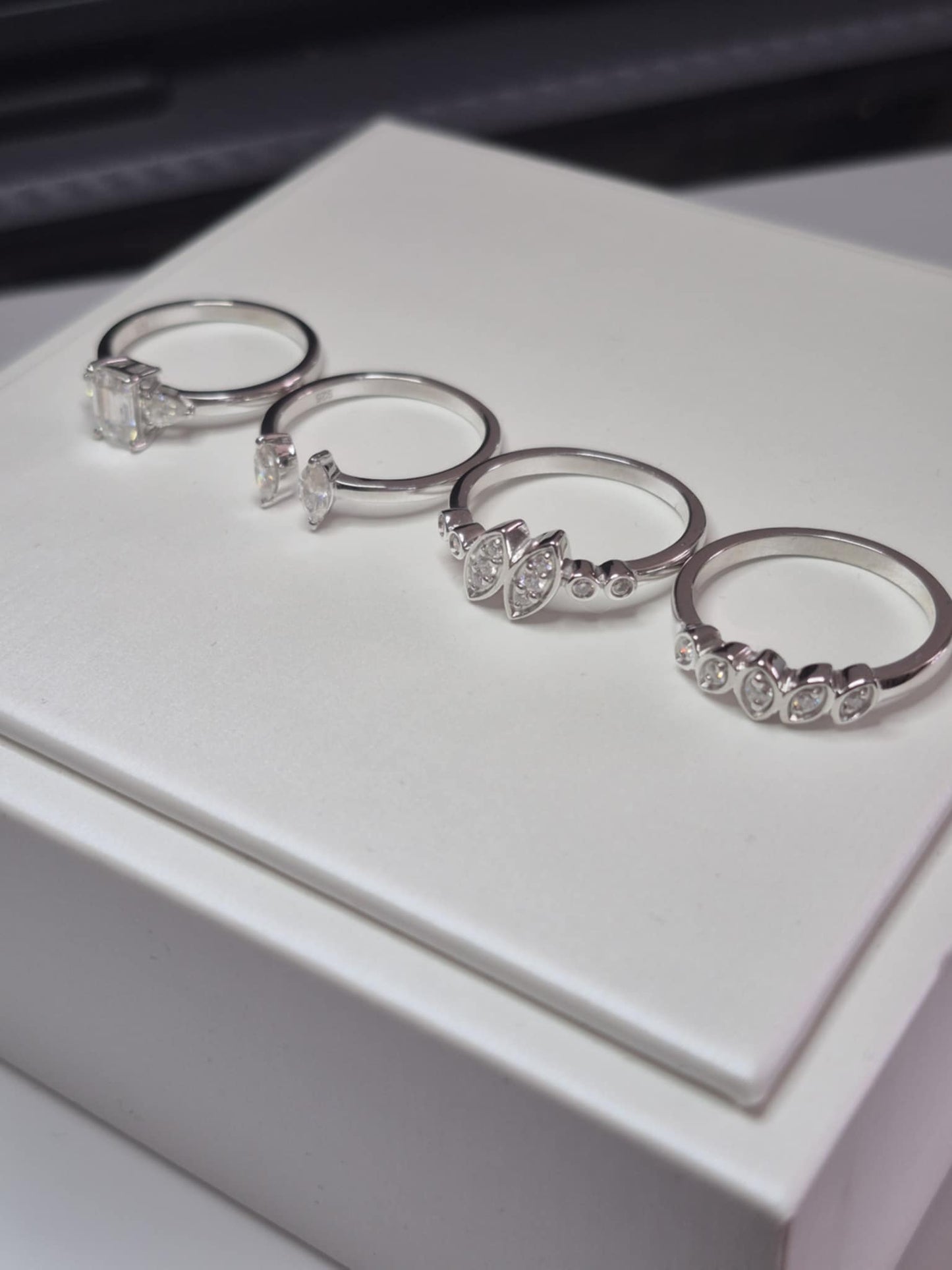 Set of 4 2.800ct Moissanite Rings in Rhodium Overlay925 Sterling Silver SIZE Q