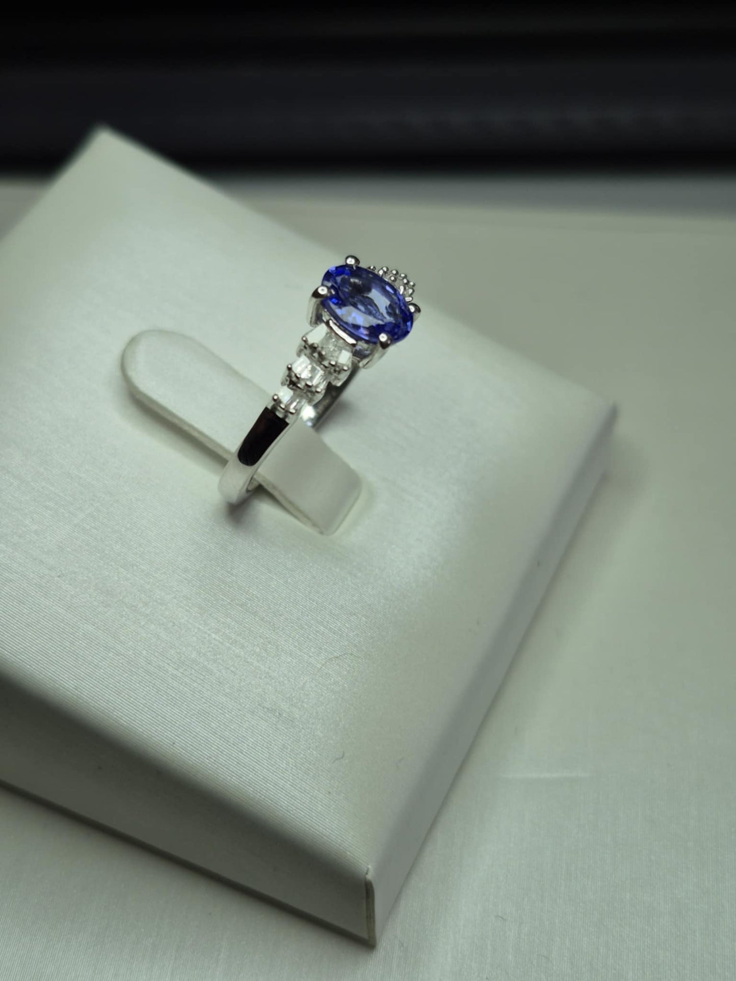 Tanzanite & White Diamond Ballerina Ring Rhodium Overlay 925 Sterling Silver SIZE M