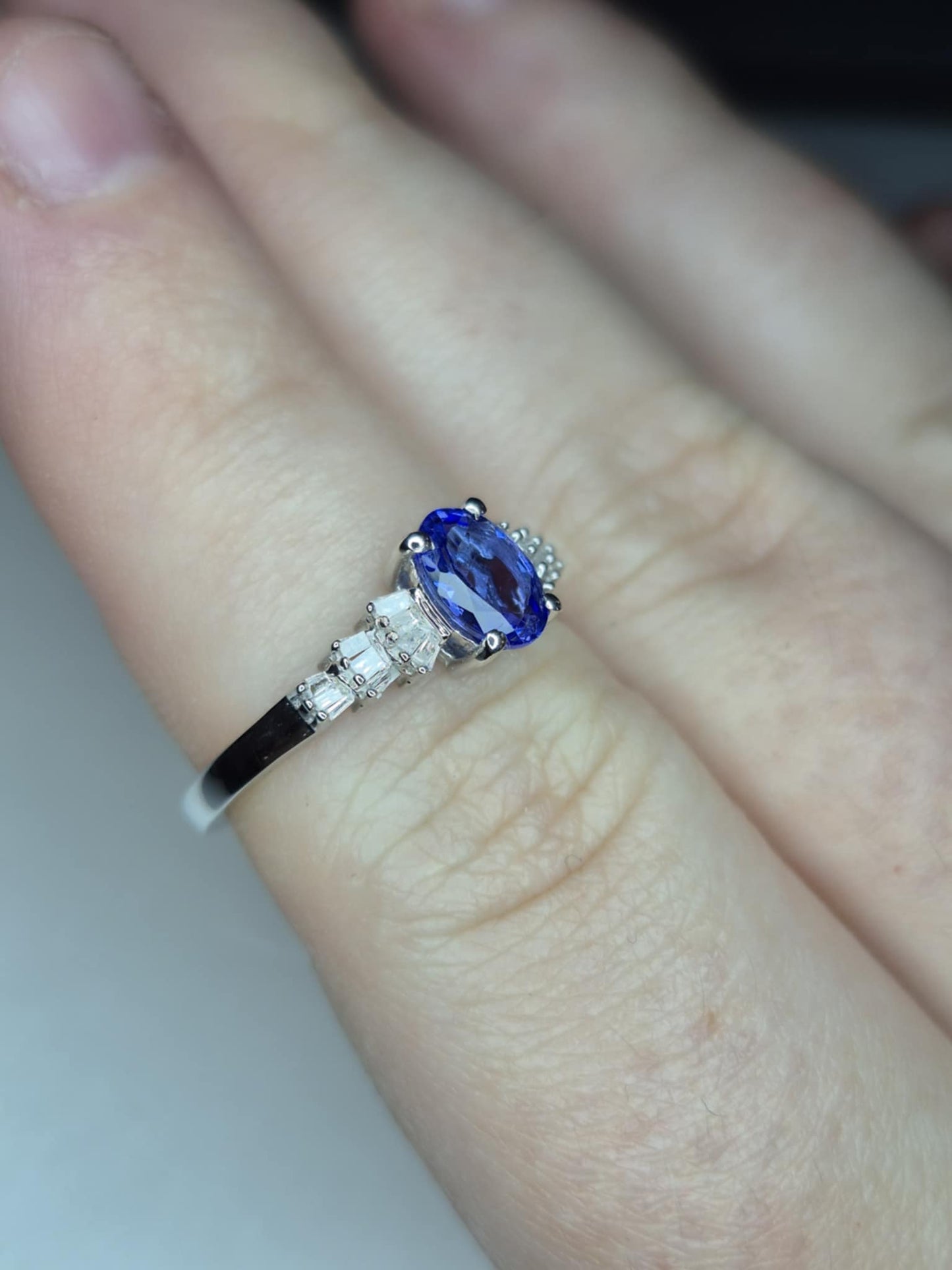 Tanzanite & White Diamond Ballerina Ring Rhodium Overlay 925 Sterling Silver SIZE M