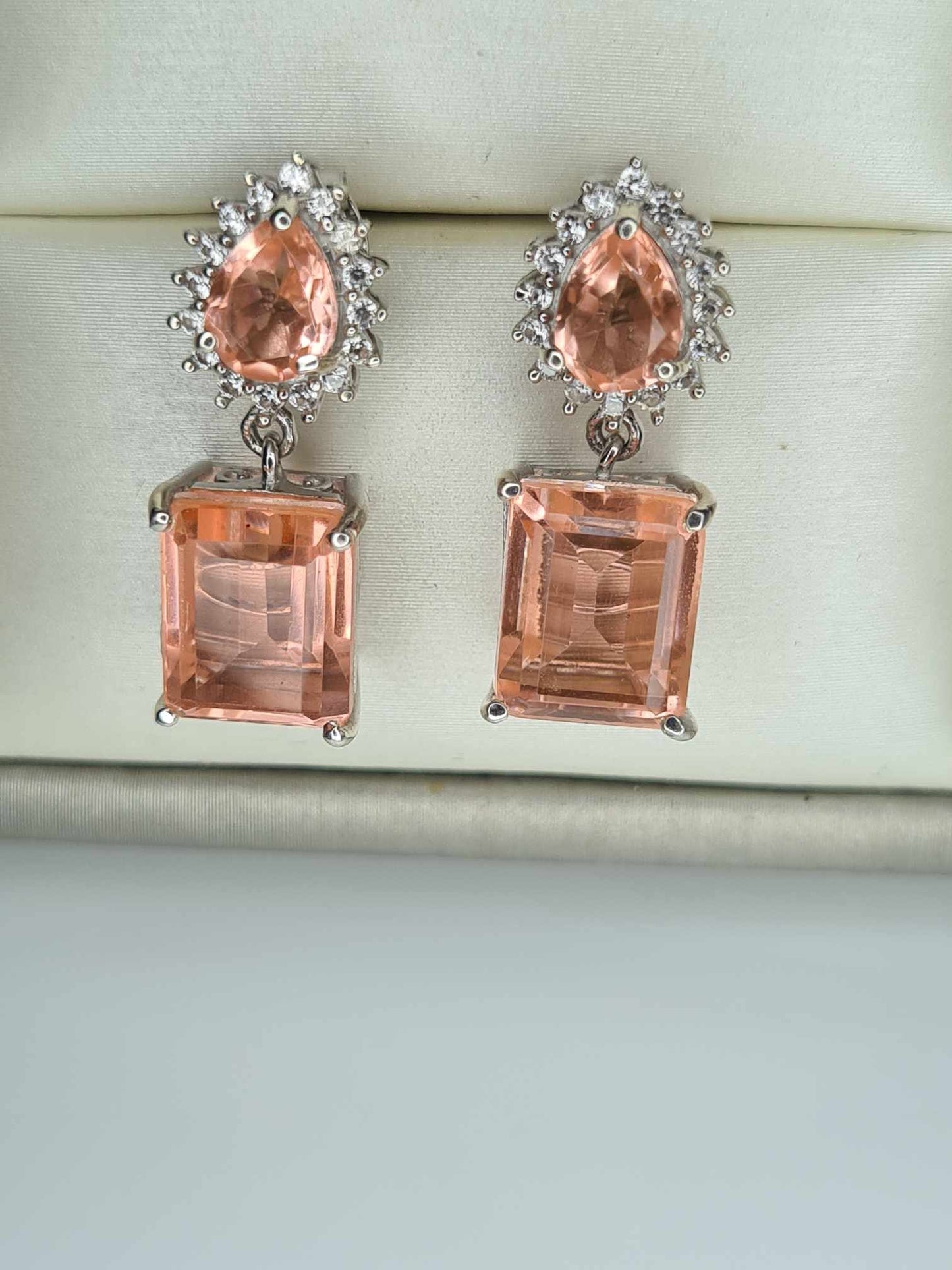 10.15ct Morganite Colour Quartz & Natural Zircon Dangle Earrings in Platinum Overlay 925 Sterling Silver