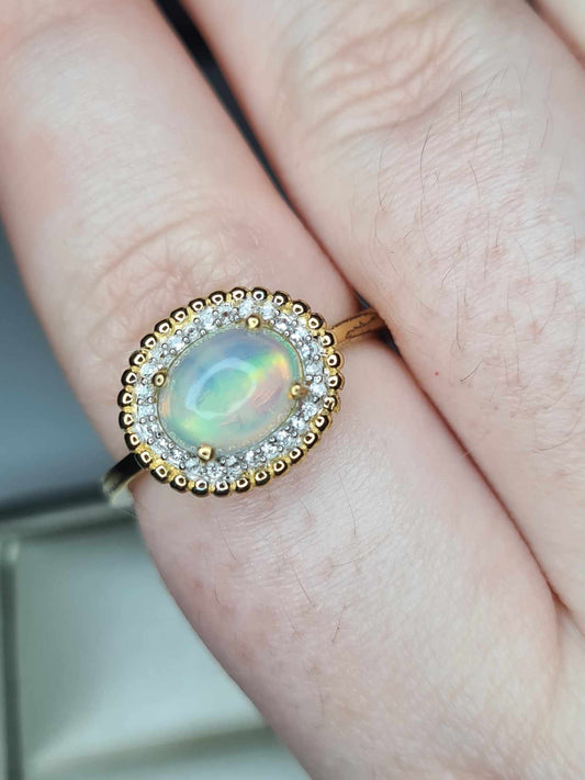 1.27ct Ethiopian Welo Opal & Natural Zircon Ring in 18K Gold Overlay 925 Sterling Silver SIZES L,T