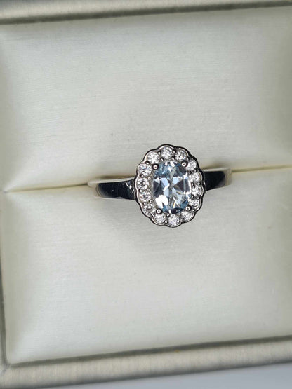 1.02ct Aquamarine and Cambodian Zircon Halo Ring in Platinum Overlay 925 Sterling Silver SIZE K